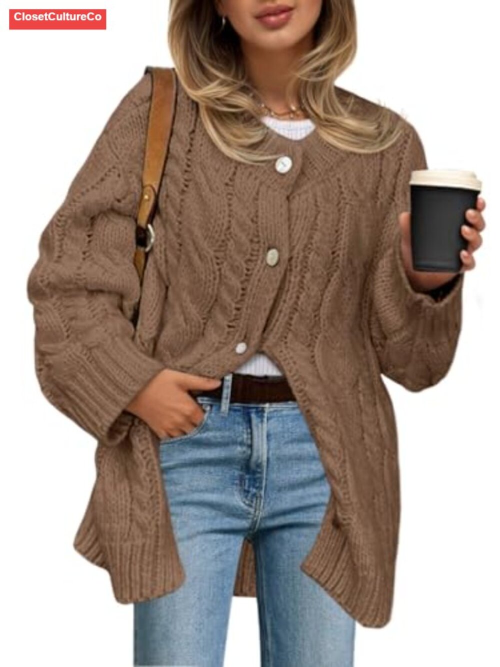 Cable Knit Cardigan Chunky Button Up Long Sleeve Crew Neck Sweater Dress